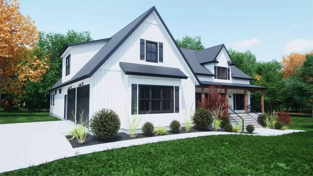 White Board-and-Batten Farmhouse with Steep Gable and Attached Garage