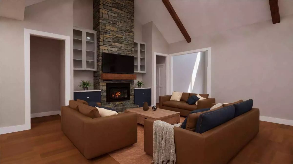 Vaulted Living Room with Stacked Stone Fireplace and Custom Built-ins