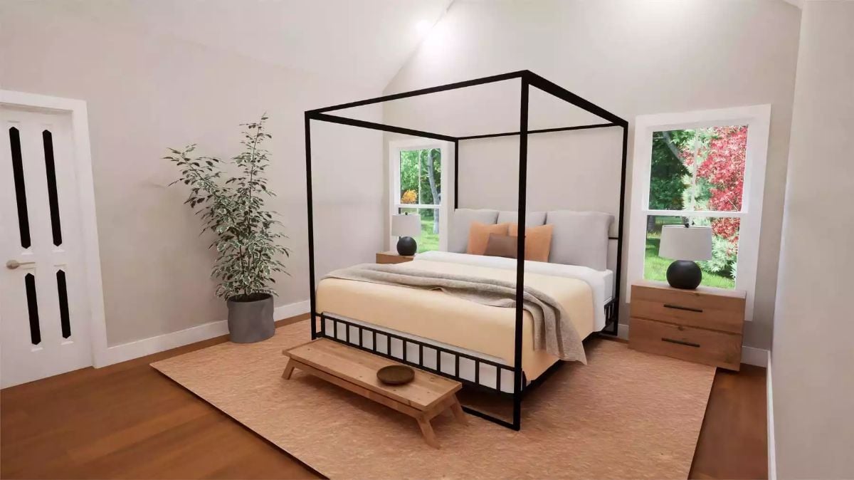 Canopy Bed Frame with Geometric Black Metal and Upholstered Headboard