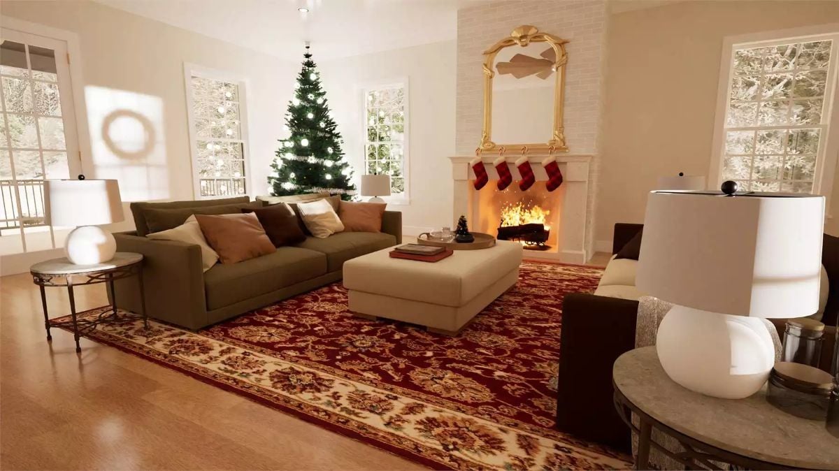 Festive Living Room with Olive Sectional and Glowing Fireplace