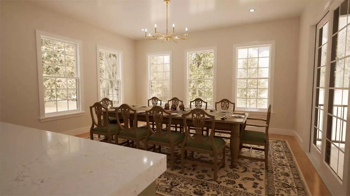 Formal Dining Room with Ten Chairs and Modern Brass Chandelier