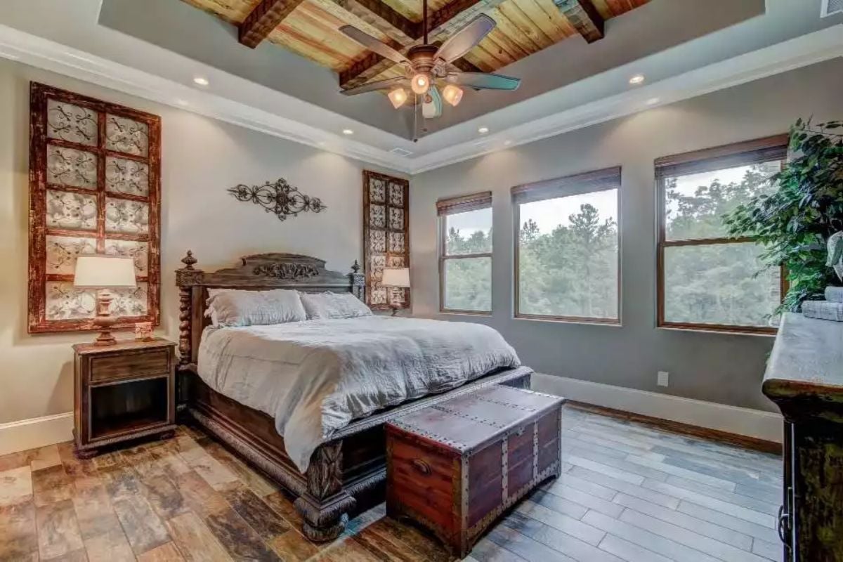 Reclaimed Wood Ceiling Panels and Tray Detail Define Master Retreat