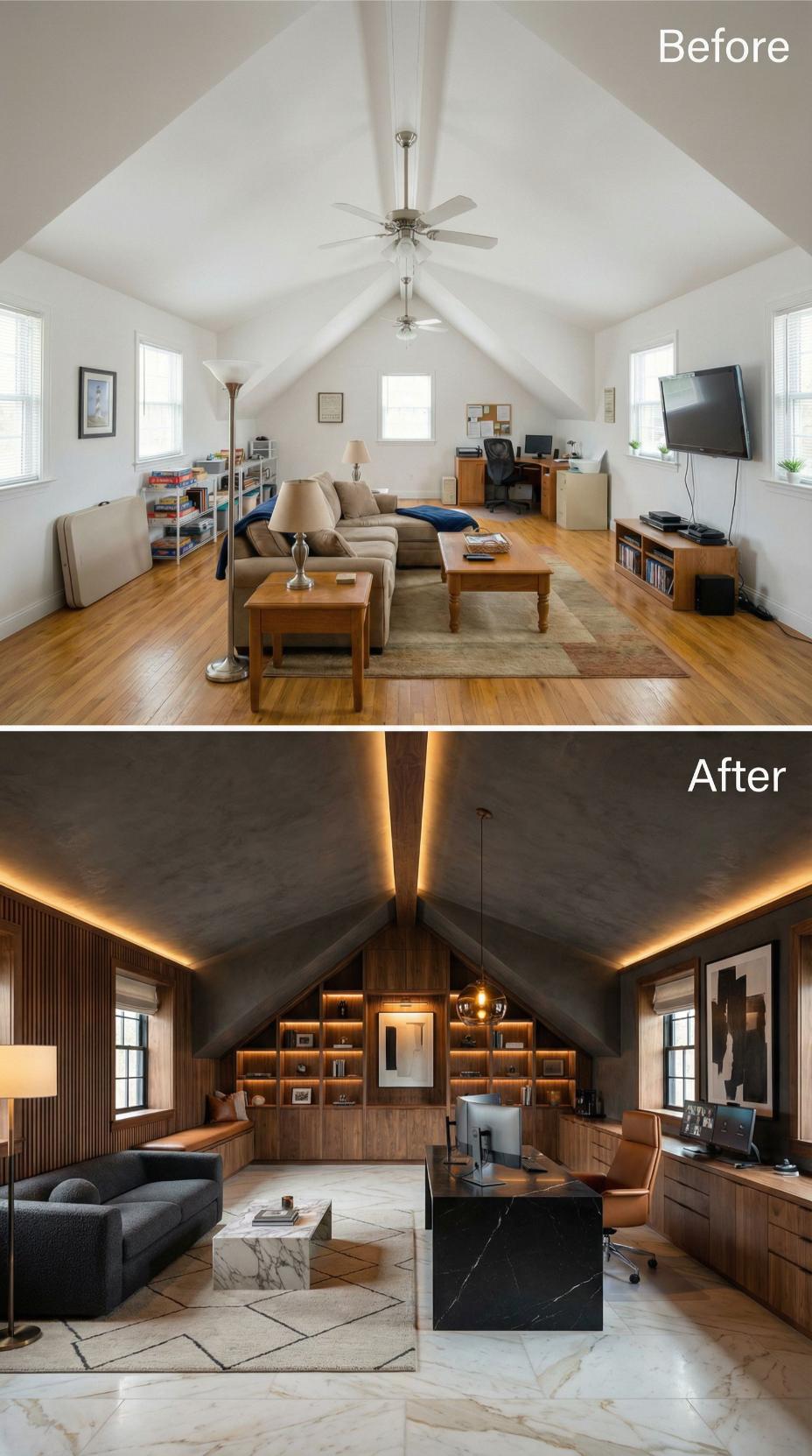 Pale Oak and White Walls Replaced by Walnut Built-Ins with Cove Lighting