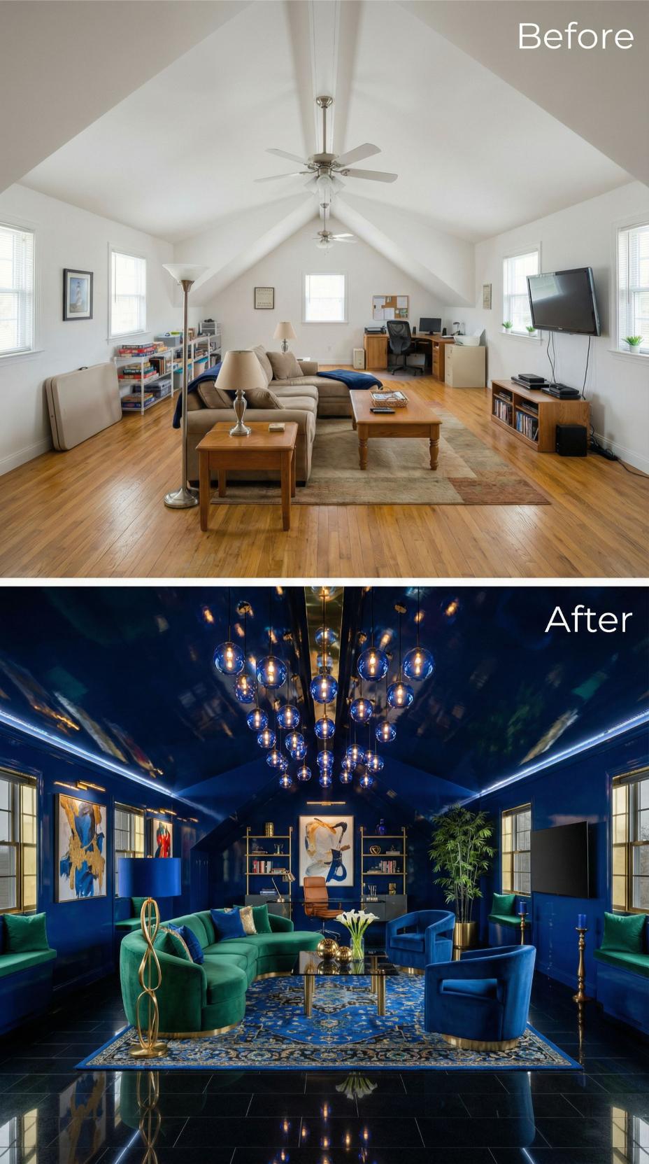 Beige Bonus Room Erased for Midnight-Blue Jewel Box with Custom Chandelier