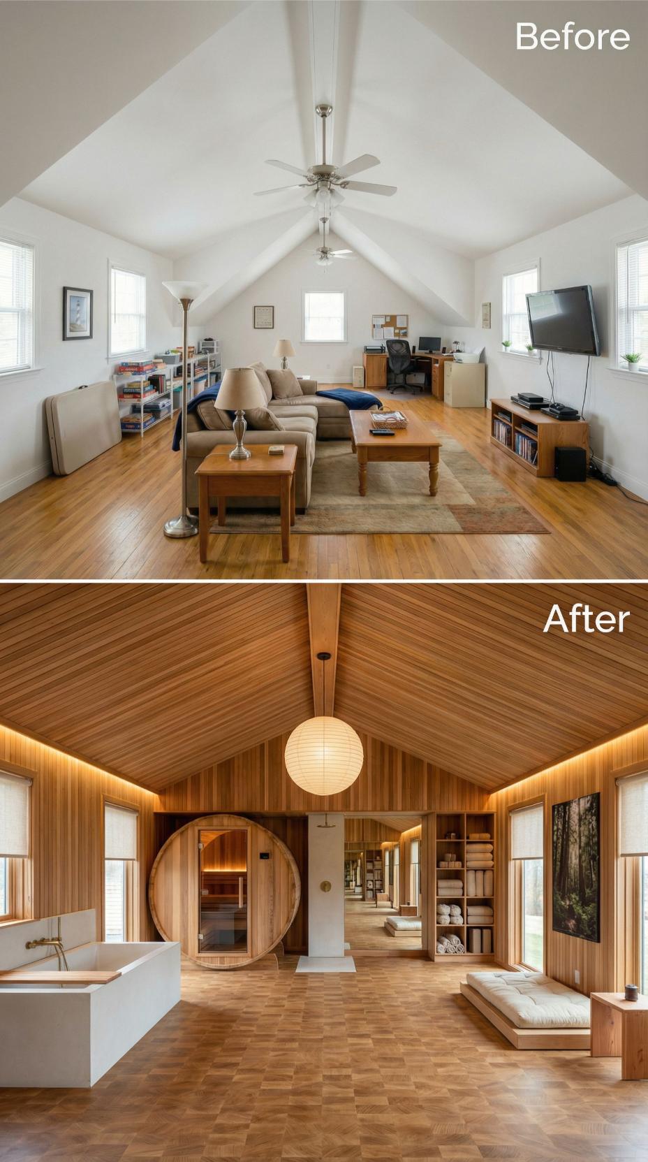 White-Walled Den Stripped for Cedar-Clad Spa with Barrel Sauna