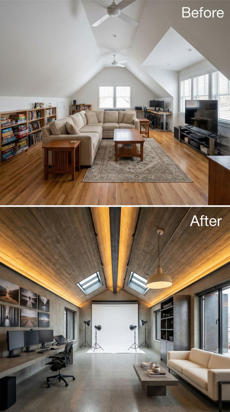 Cozy Game-Room Loft Stripped and Rebuilt as Concrete-Clad Photography Studio