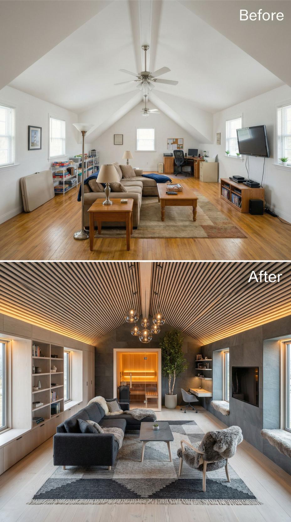 Flat Beige Canvas Demolished for Slatted-Cedar Spa with Built-In Sauna