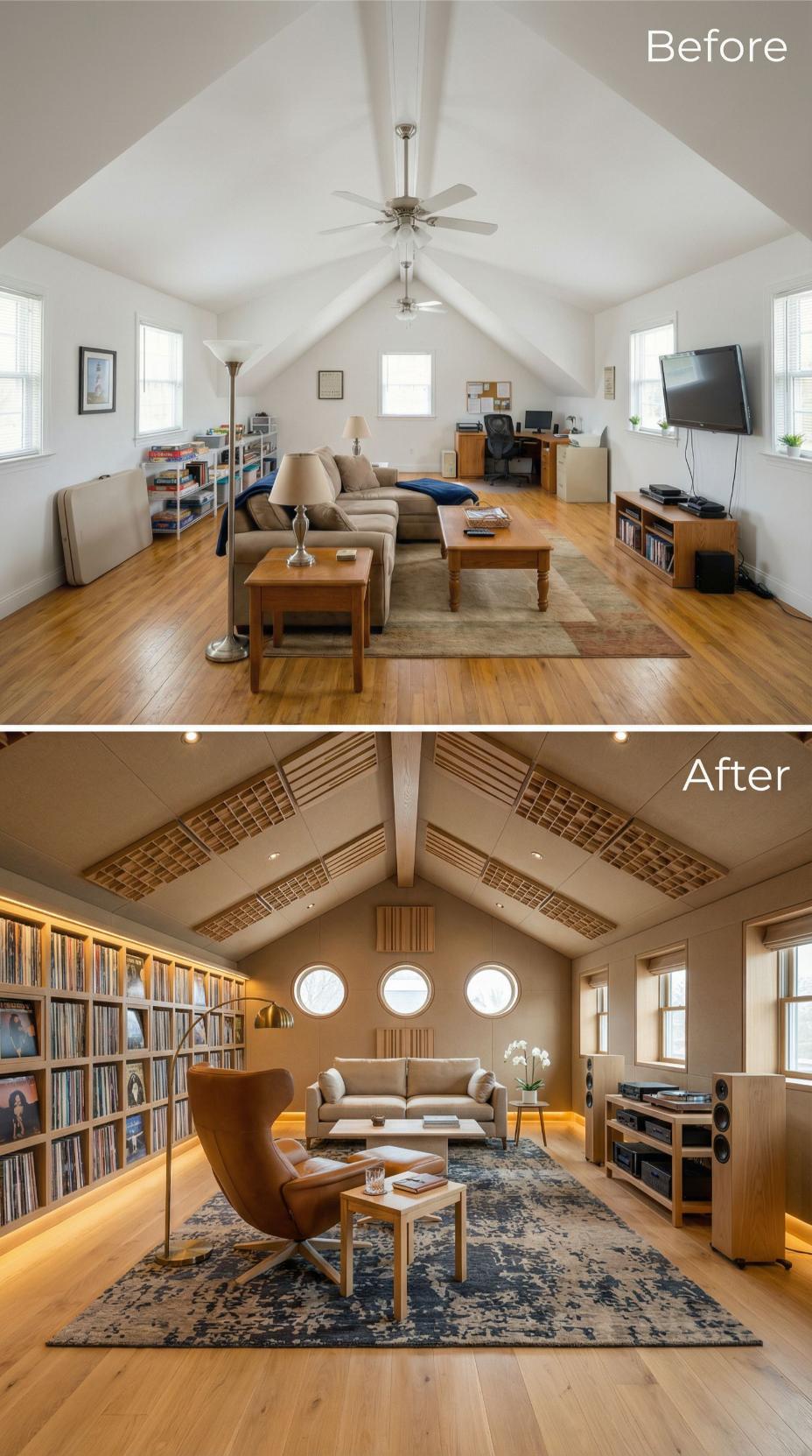 Vanilla Attic with Open Shelving Converted into Acoustic Listening Lounge