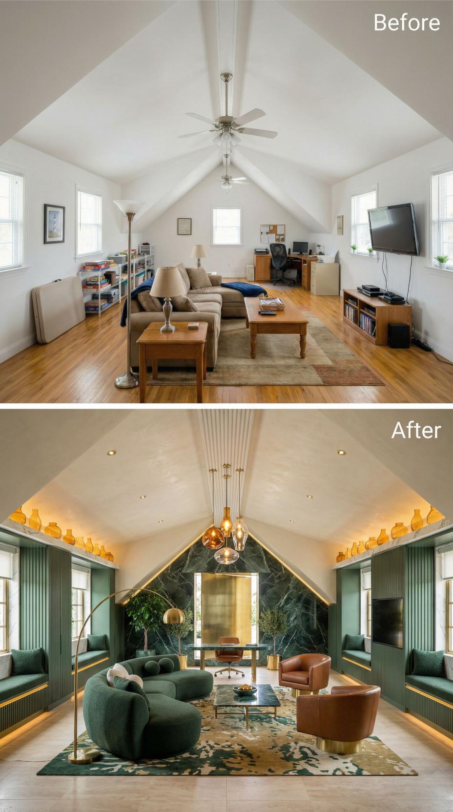 Scandinavian Loft Torn Down for Art Deco Lounge with Gold Trim