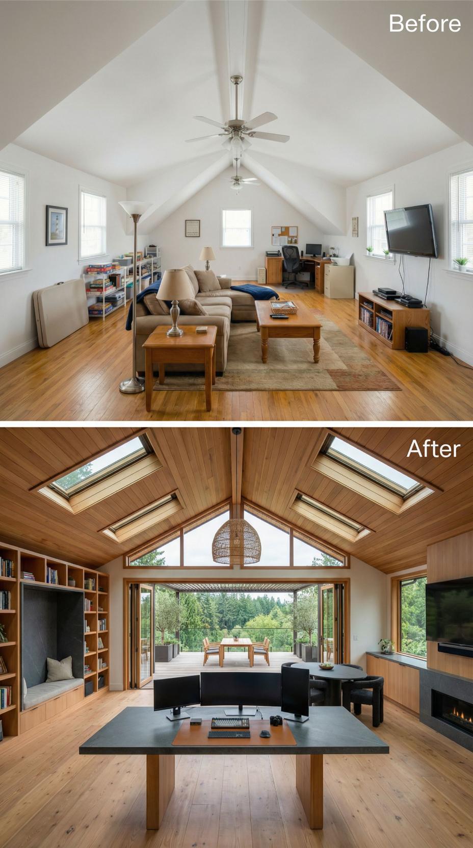 Plain-Jane Attic Ripped Open for Vaulted Timber Pavilion with Folding Glass Wall