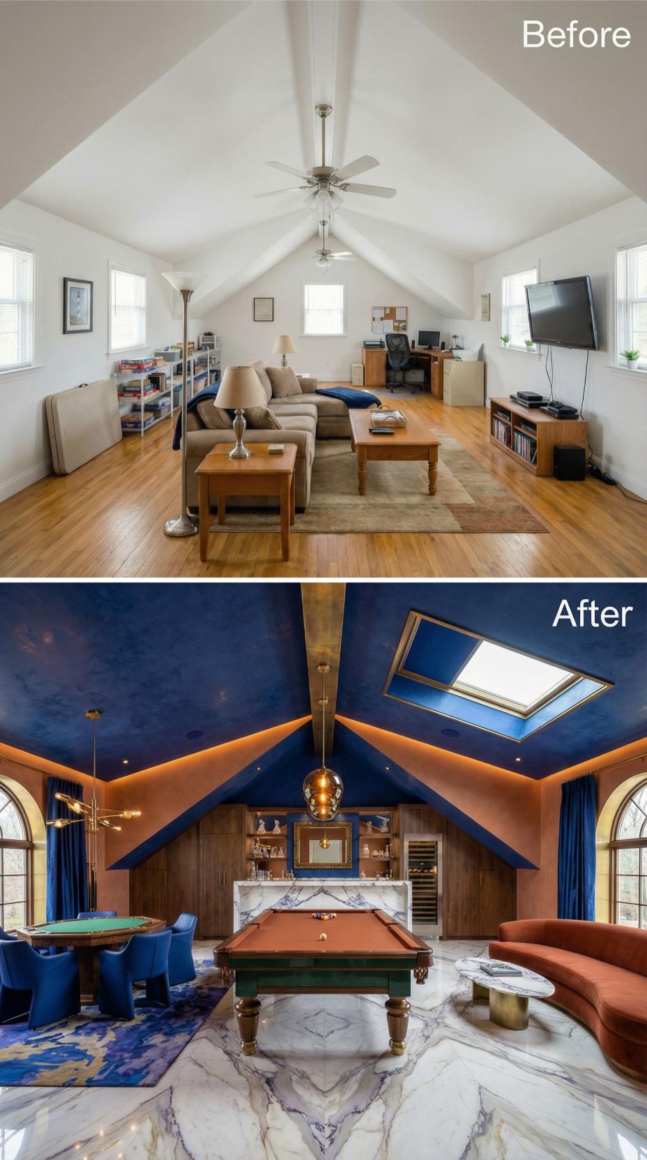 Cream-and-Oak Living Space Razed for Navy-and-Copper Game Lounge