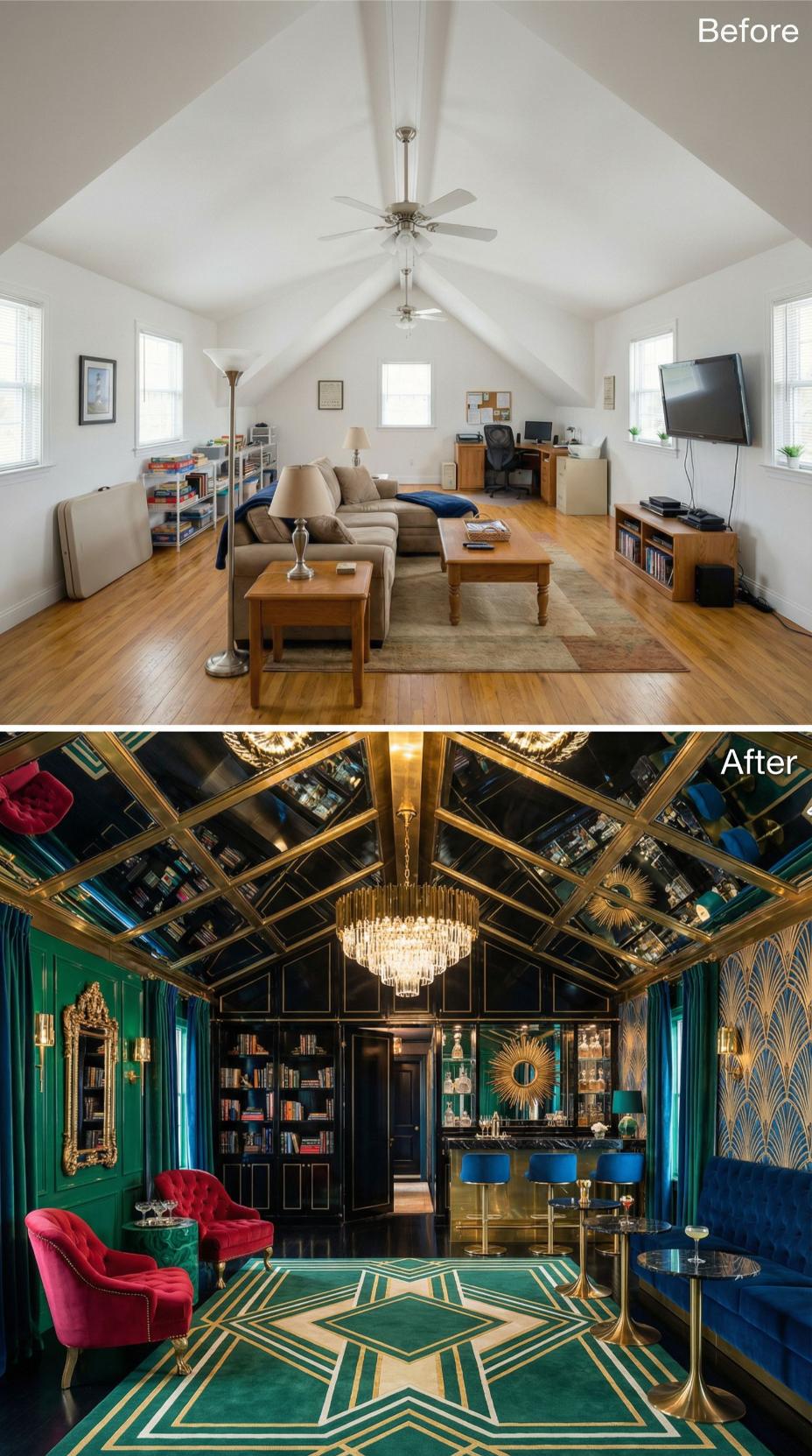 Bland Neutral Workspace Becomes Art Deco Drama with Emerald Velvet and Gold