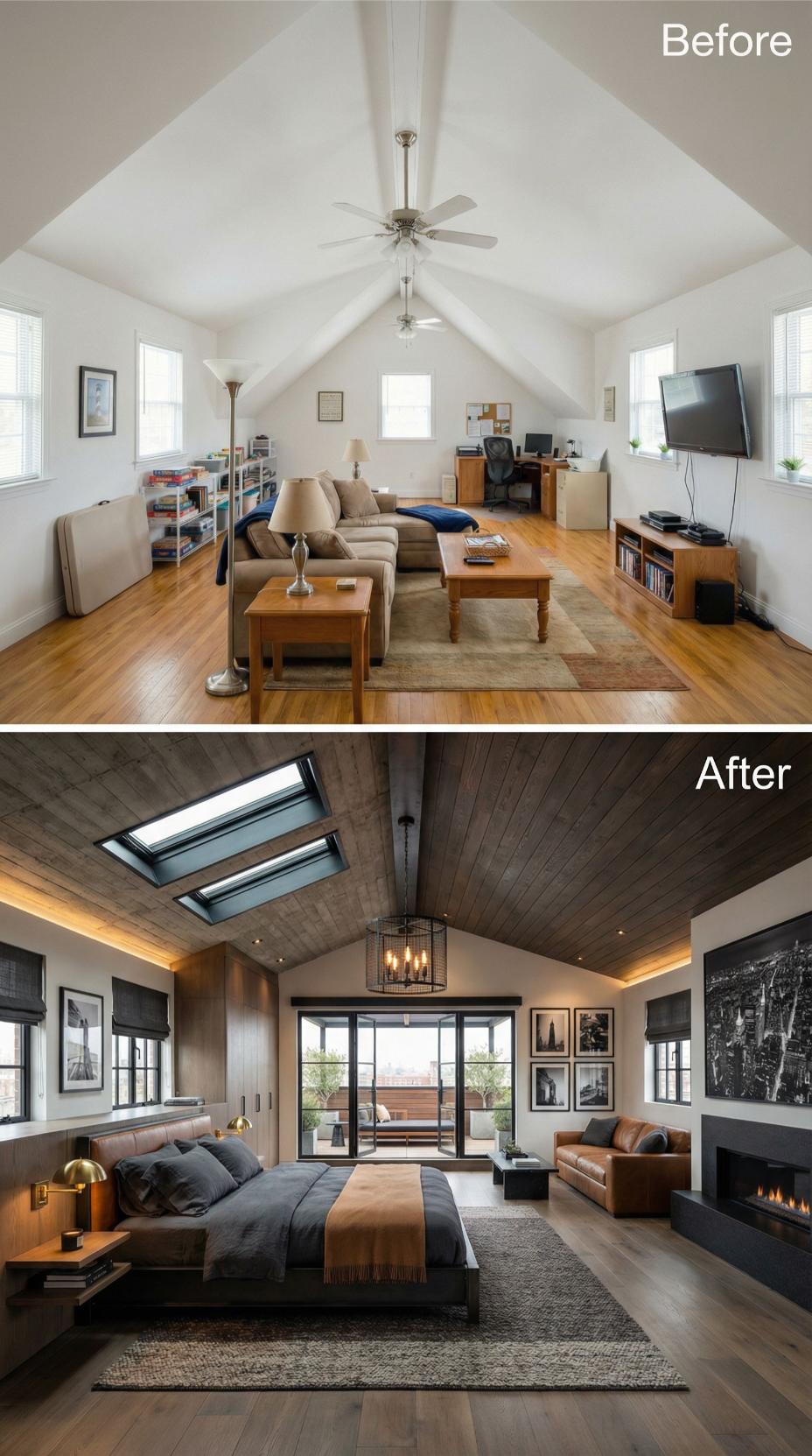 Living Room Torn Out for Wood-Planked Master Retreat with Skylights
