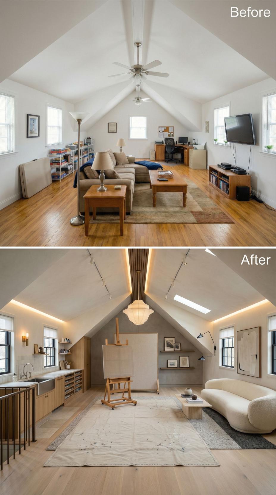 Artist Studio with Plywood Wall Panels and Sculptural Pendant Light