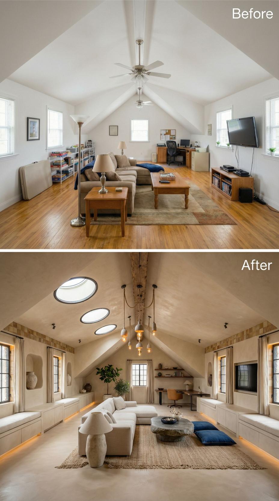 Tan Playroom Gutted for Sculptural Stone-and-Cream Suite with Skylights