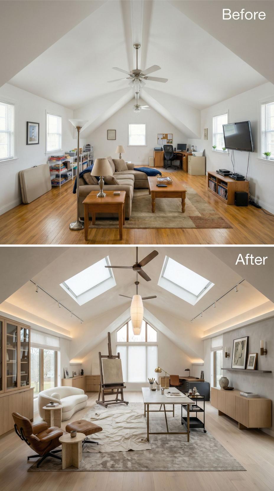 Work-From-Home Attic Replaced by Art Studio with Skylights and Cove Lighting