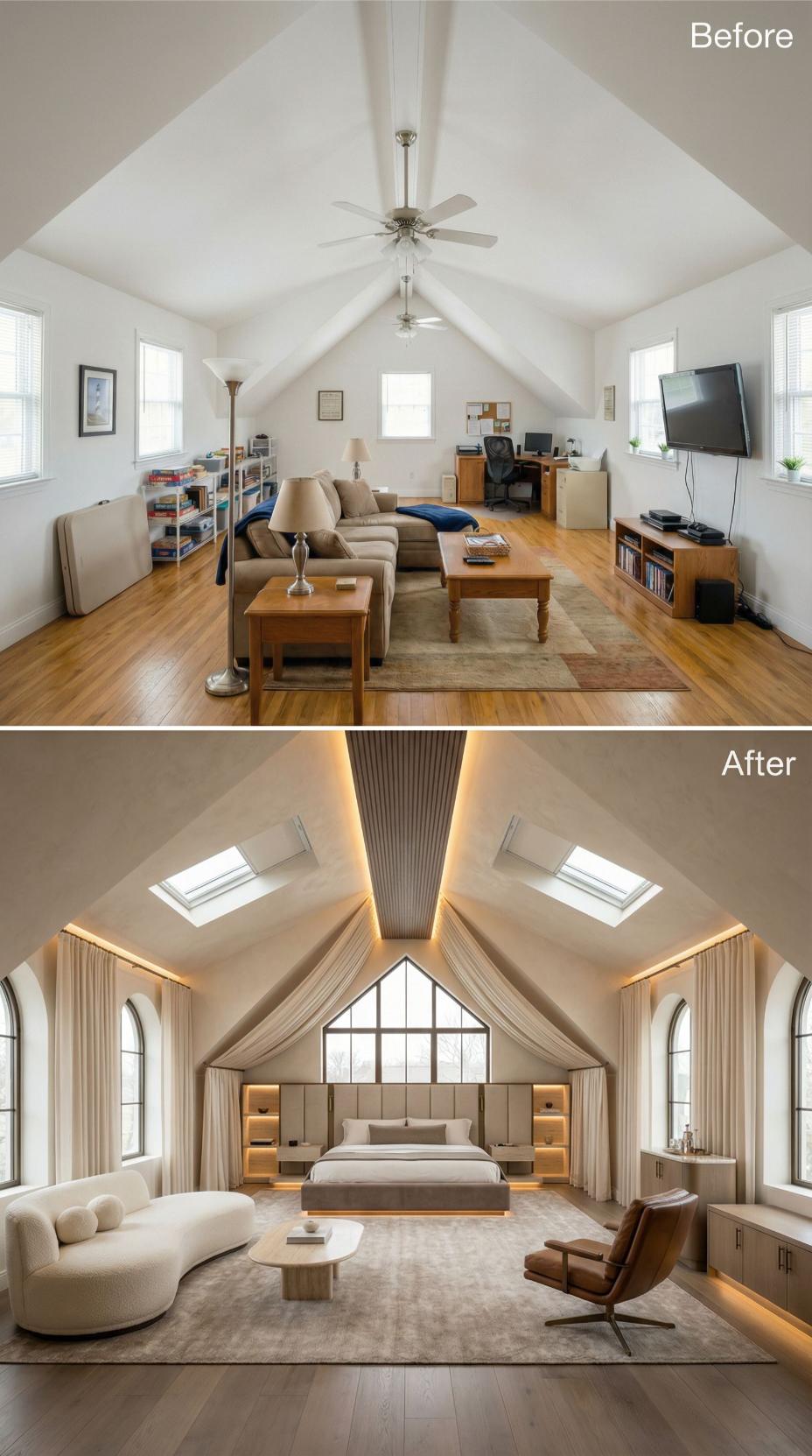 Ceiling Fan Living Area Replaced by Canopy Bed Suite with Backlit Ridge