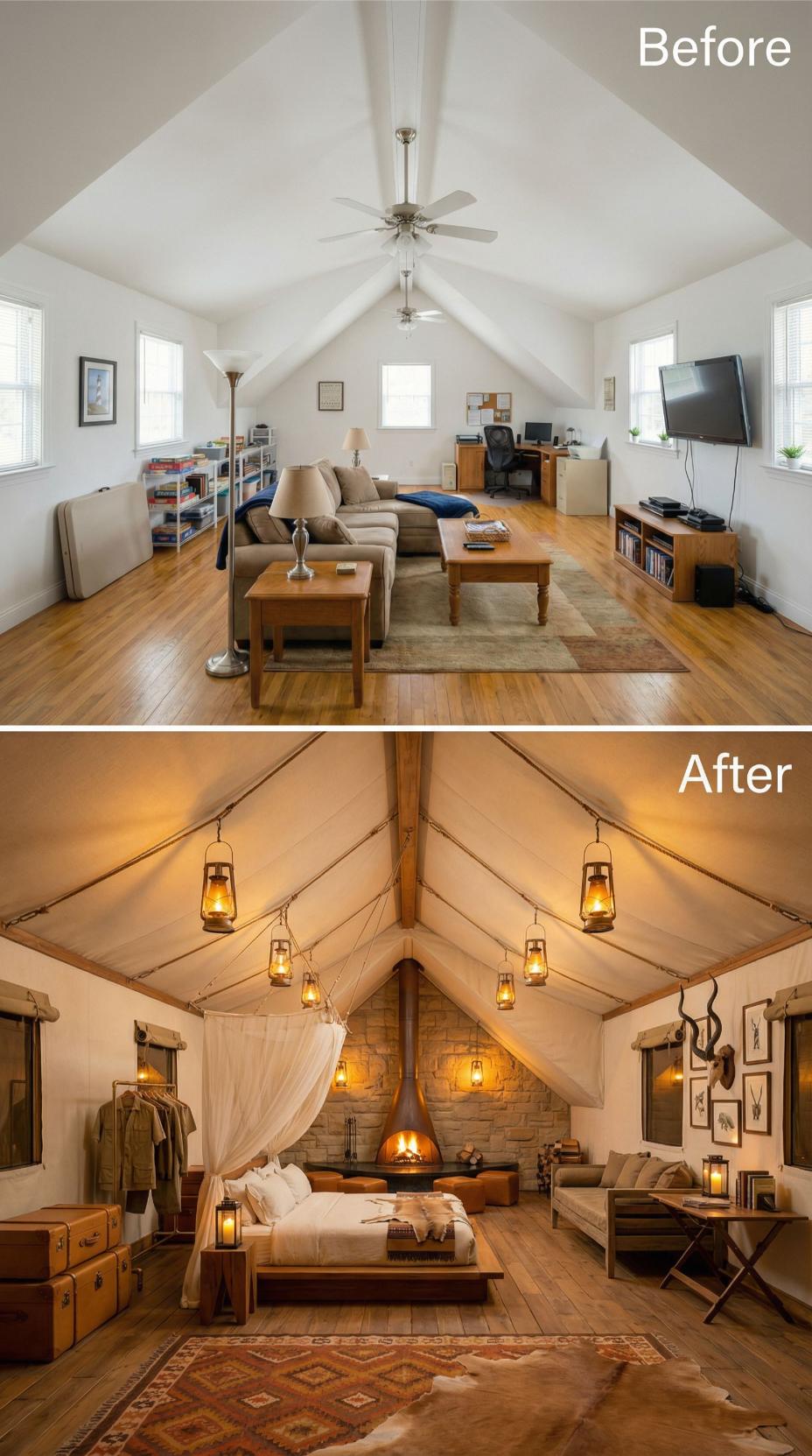 Beige Office Demolished for Safari-Inspired Canopy Bed Suite with Lanterns