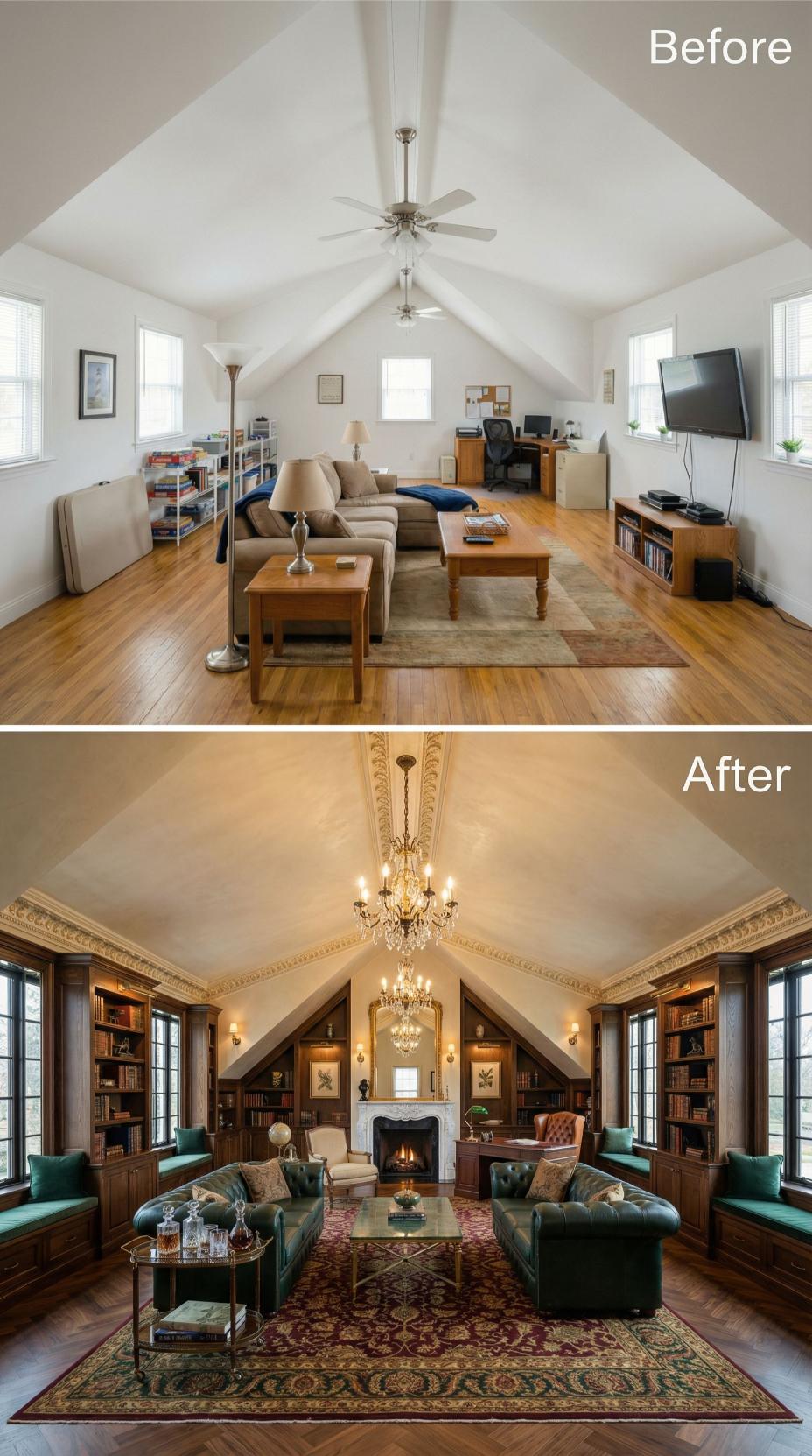 Ceiling Fan Studio Swapped for Dark Walnut Library with Crown Molding