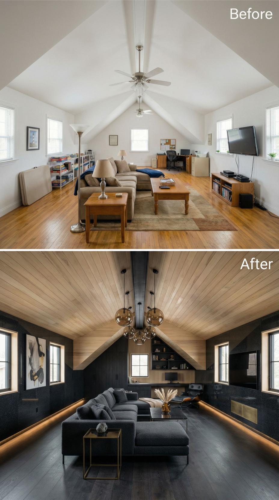 Beige Ceiling Fan Space Converted to Charcoal Lounge with Wood Planked Vault