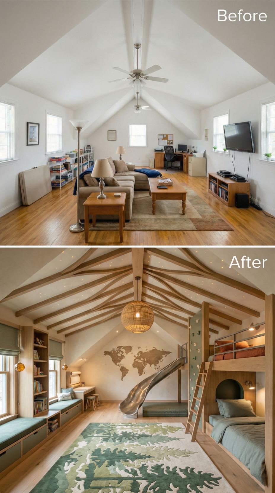 Spare Adult Loft Converts into Adventure-Ready Kids' Quarters with Slide