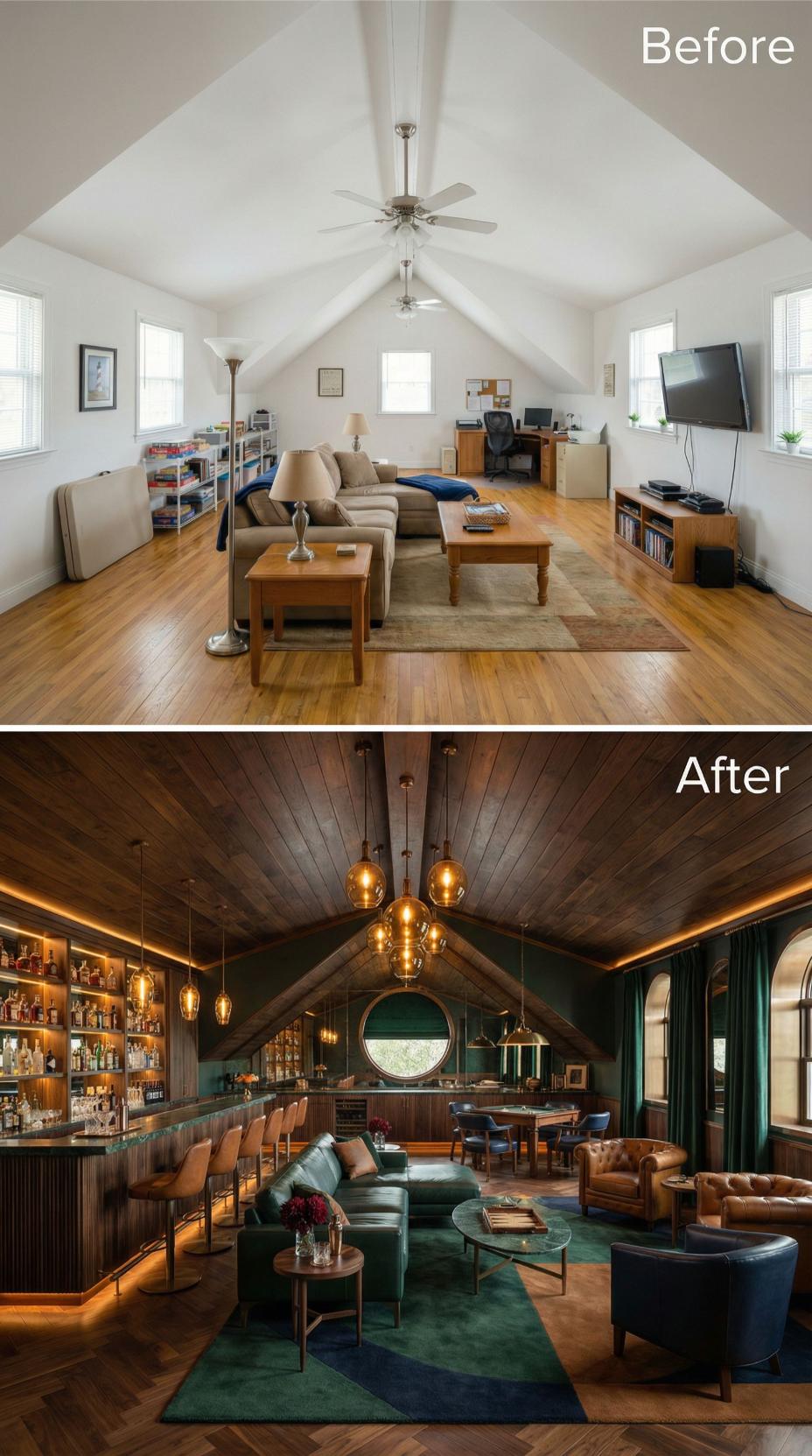 Once-Basic White Attic Reborn as Moody Speakeasy with Full Bar