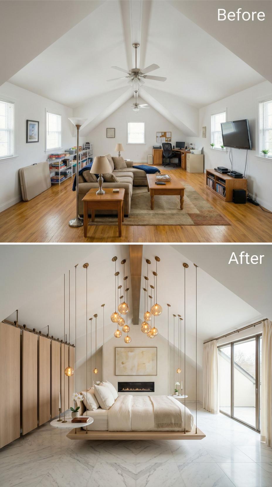 Sparse Beige Living Area Rebuilt as Luxe Spa Bedroom with Pendant Cloud