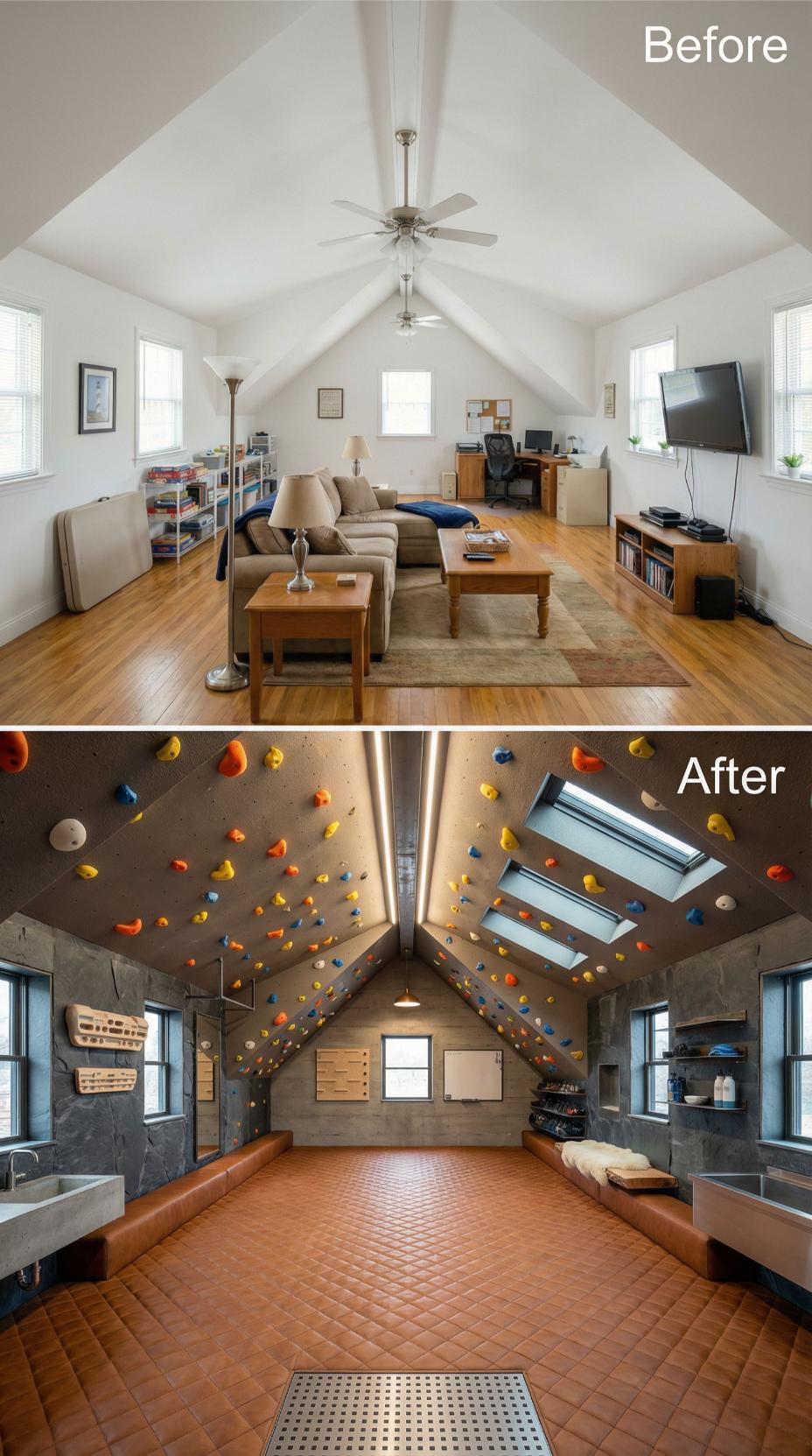 Suburban Multipurpose Room Gutted for Rock Climbing Gym with Skylights
