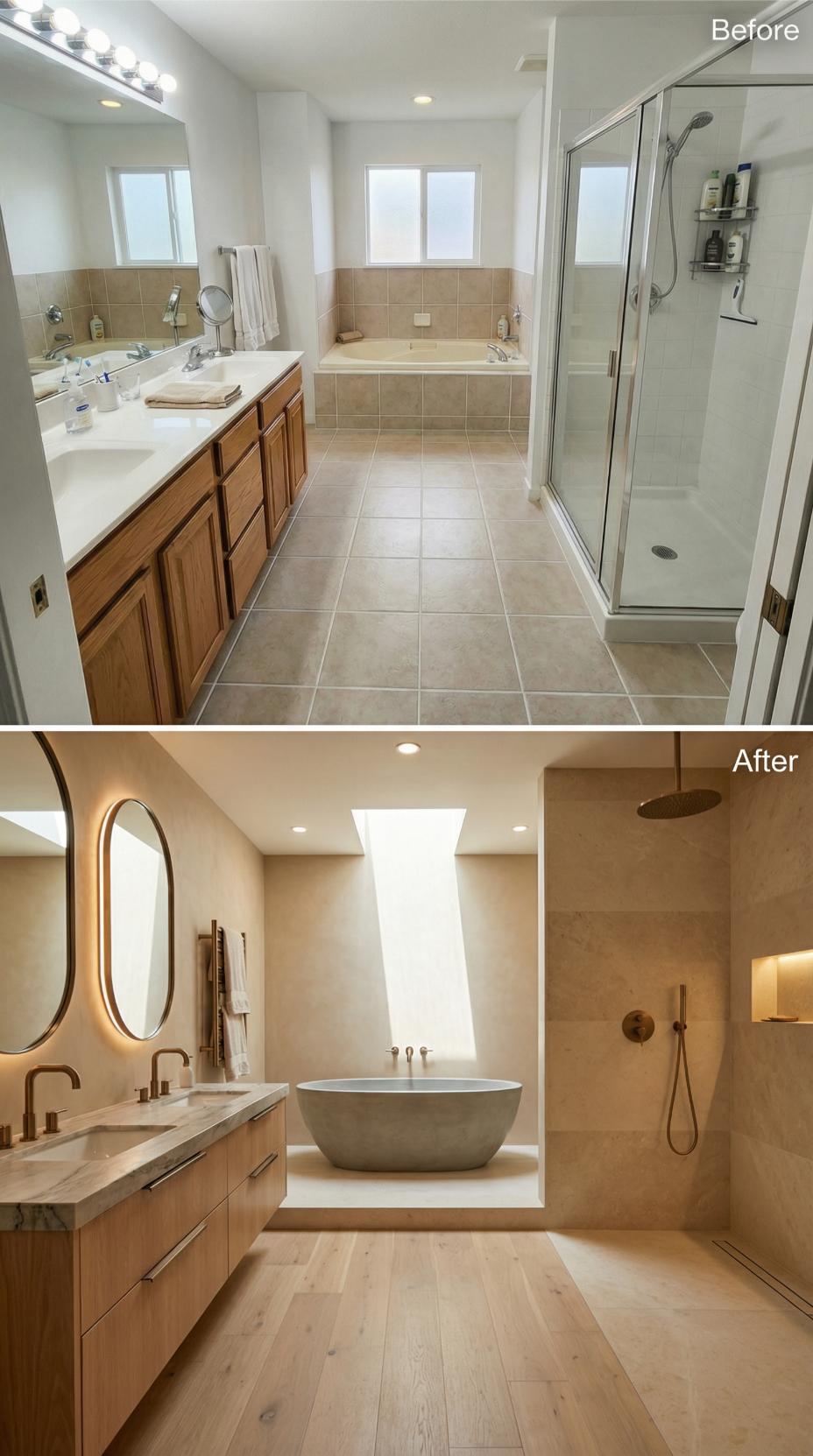 Concrete Bowl Tub and Backlit Skylight Replace Framed Shower Enclosure