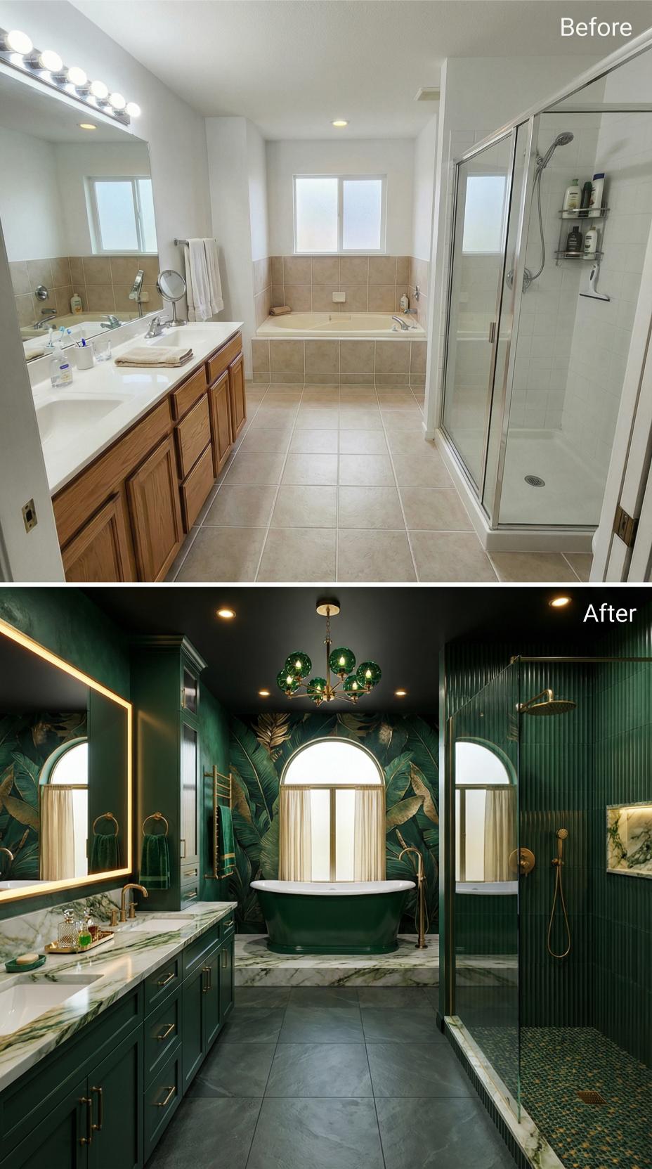 Emerald Botanical Drama Displaces Beige Tile and Oak Vanity