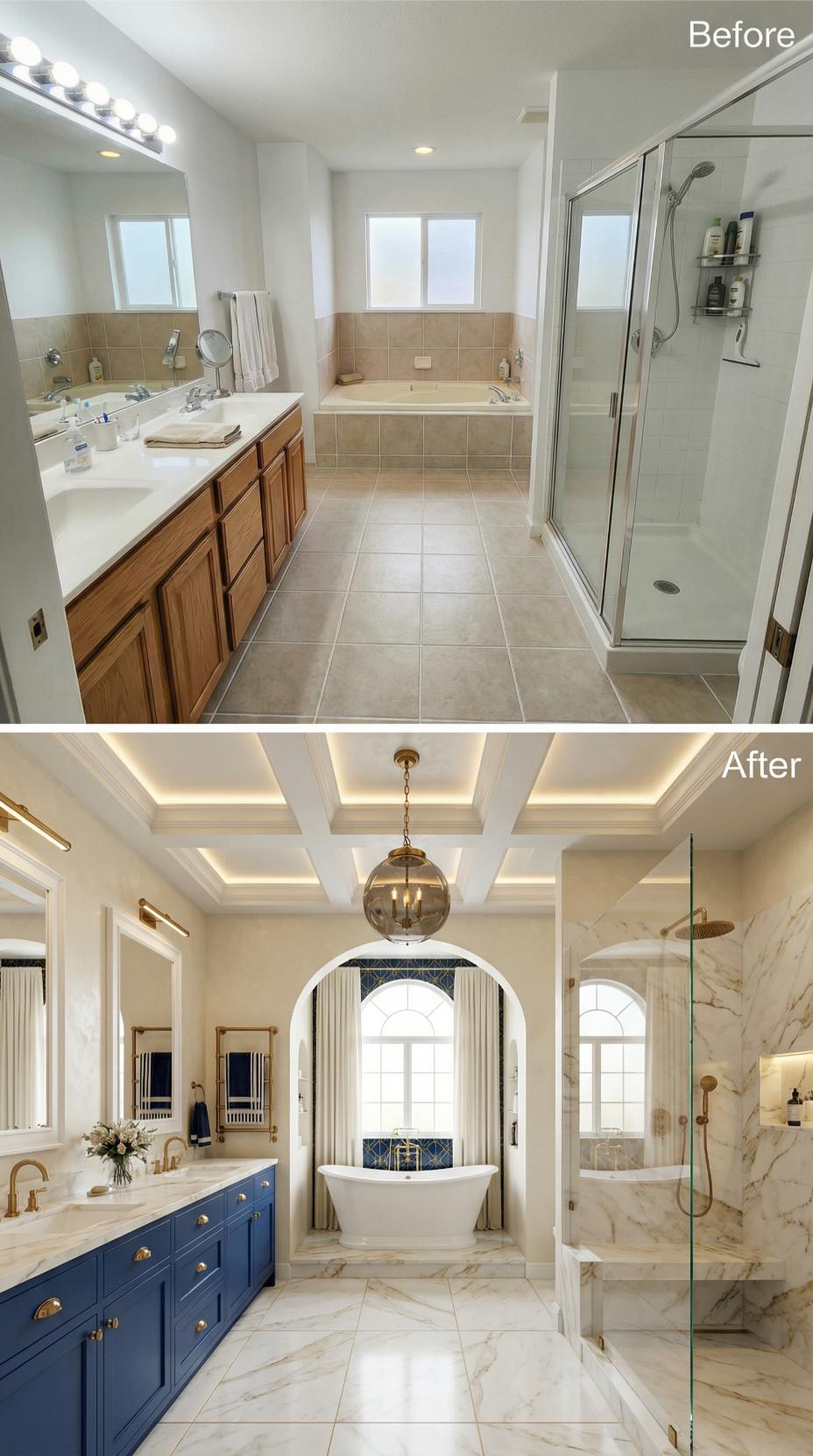Coffered Ceiling and Navy Cabinetry Sweep Away Builder-Grade Beige