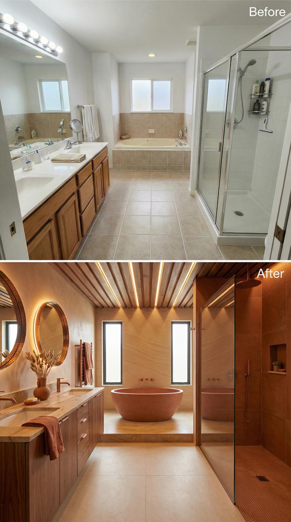 Ribbed Wood Ceiling and Freestanding Stone Tub Erase Beige Monotony