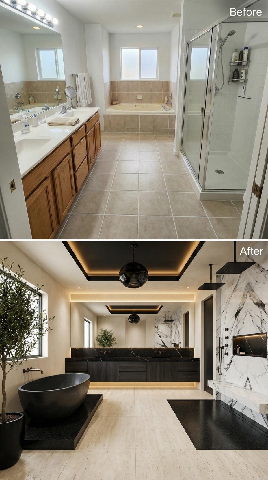 Floating Black Vanity and Tray Ceiling Banish Oak Cabinets