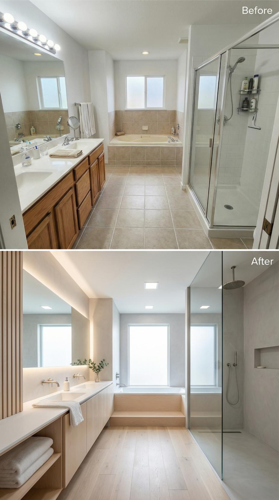 Vertical Slat Partition and Floating Vanity Replace Clunky Oak Cabinets