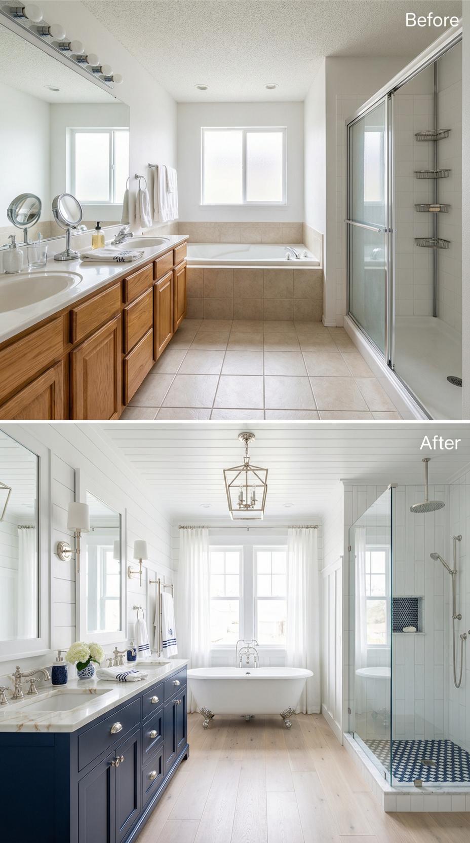 Shiplap and Navy Cabinetry Erase Honey Oak and Beige Grout Lines