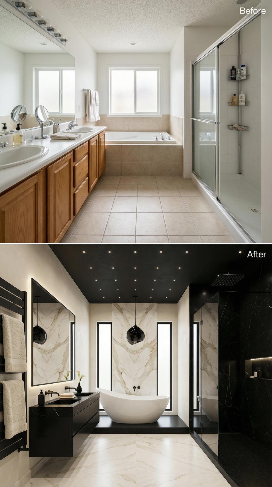 Black Ceiling and Marble Statement Wall Eliminate Oak Cabinet Monotony
