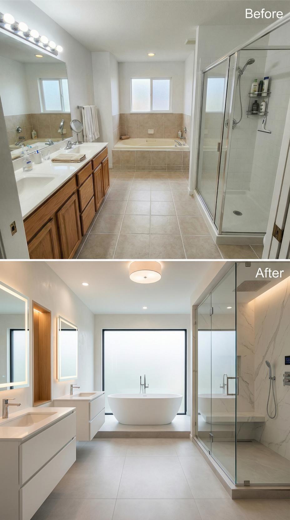 Freestanding Tub and Frameless Glass Displace Dated Beige Tile