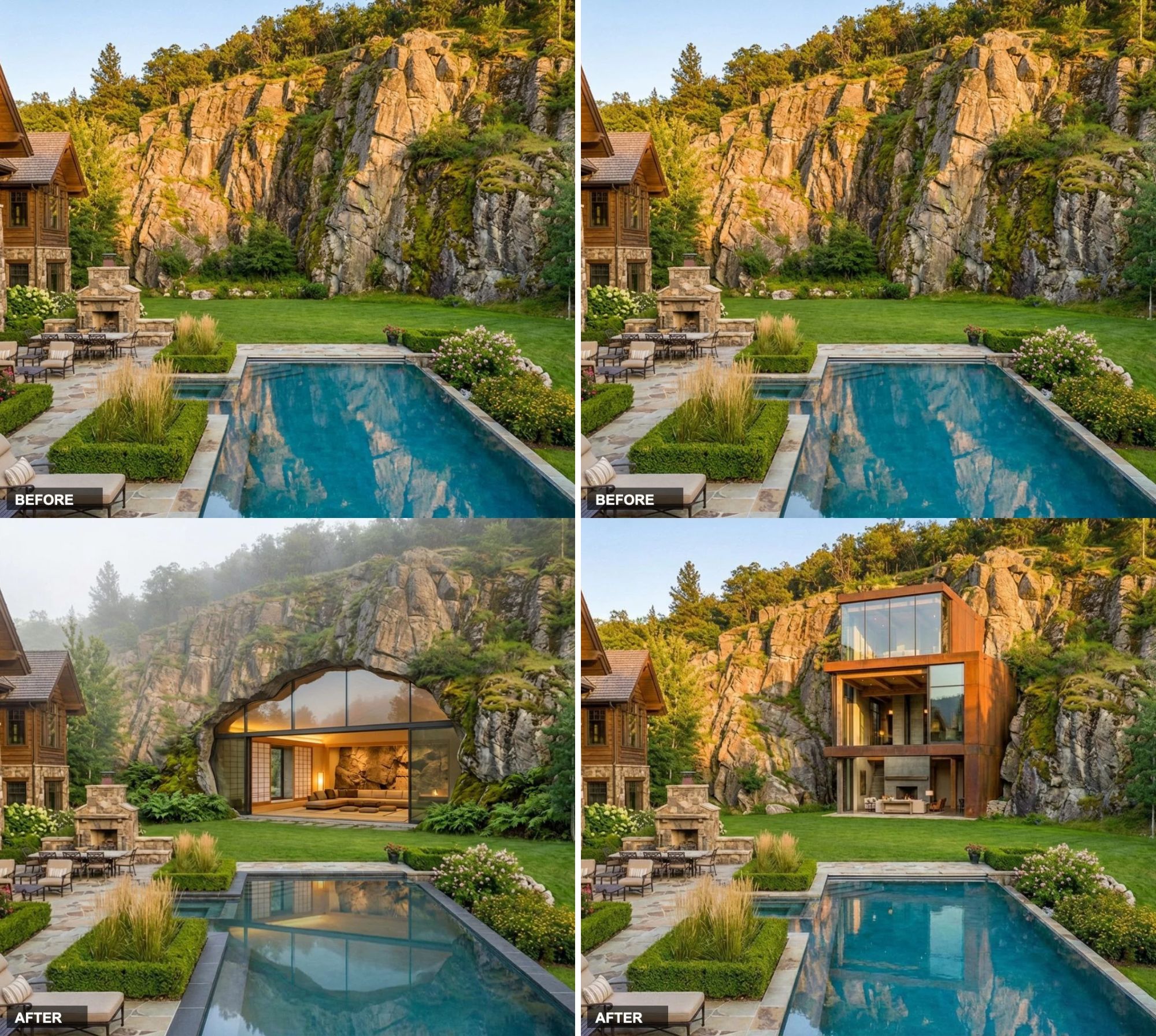 28 Ways a Raw Cliff Face Becomes a Luxury Guest House (Same Backyard, 28 Different Before & After Designs)
