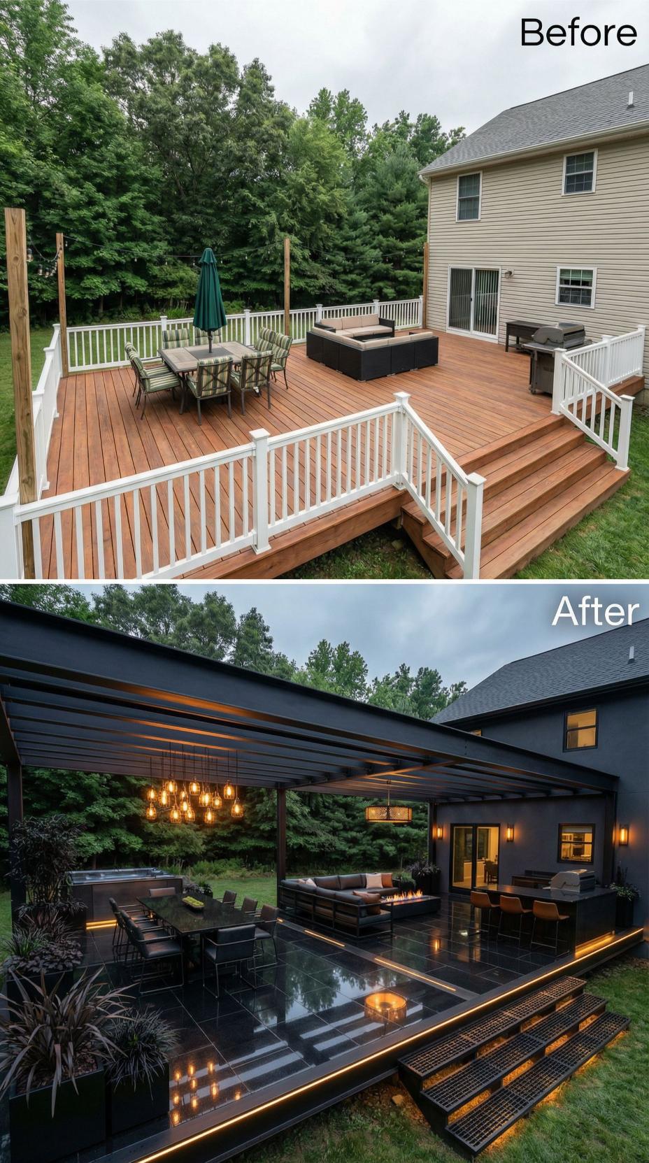 From Cedar Deck to Charcoal Tile Lounge with Integrated Firepit