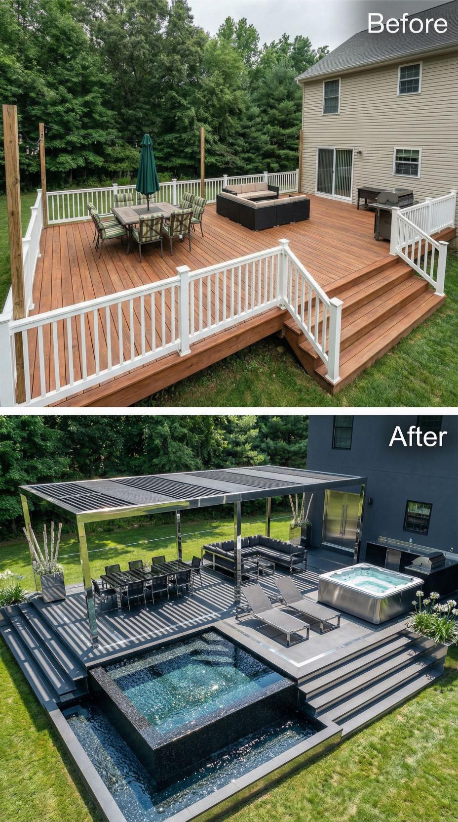 Tiered Black Composite Platforms Frame Infinity Pool and Hot Tub Suite
