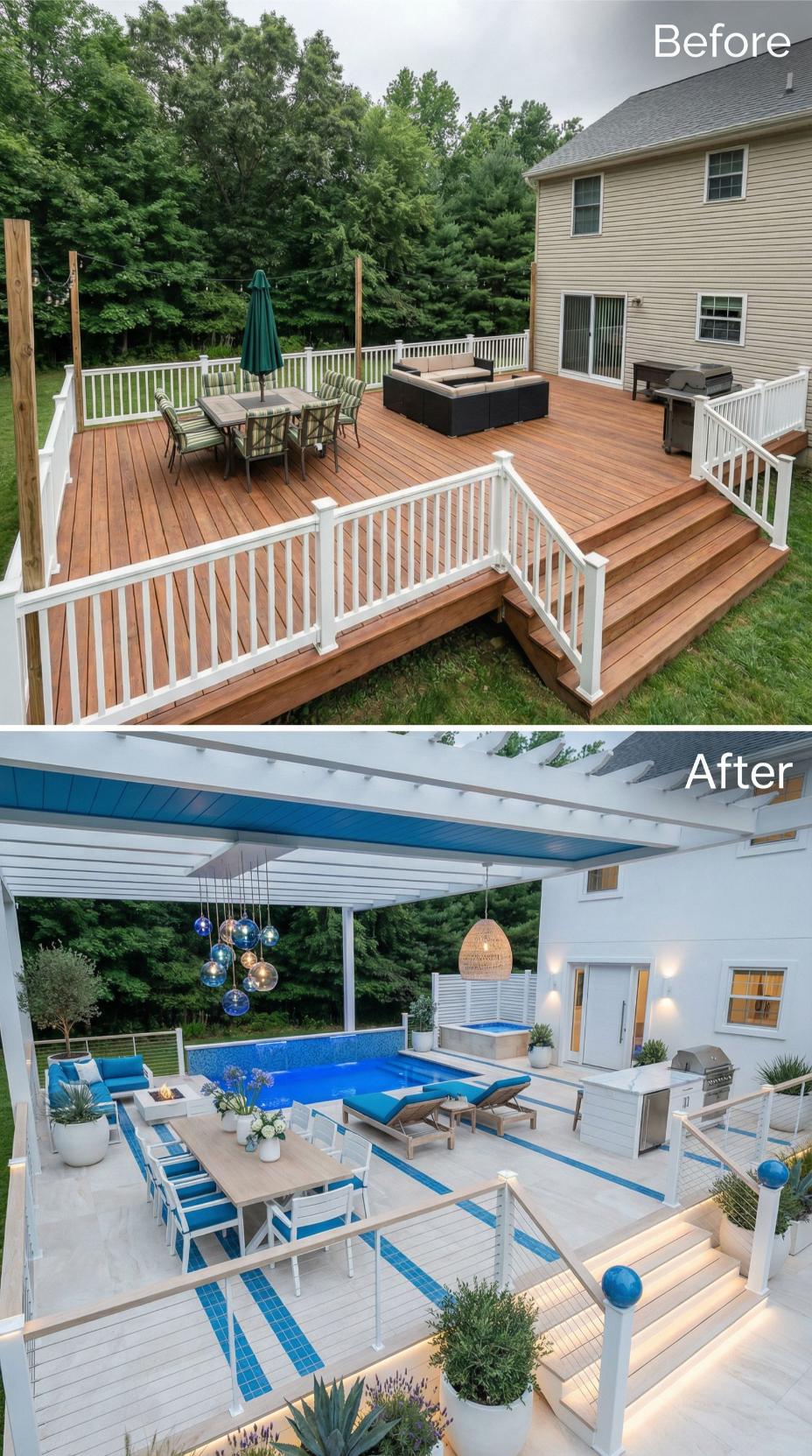 Pool Oasis with White Pergola and Blue Mosaic Tile Inlays