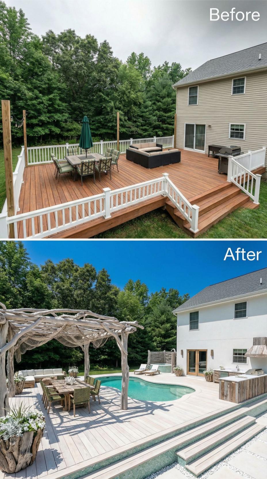 Freeform Pool with Weathered Pergola Transforms Deck Into Coastal Retreat