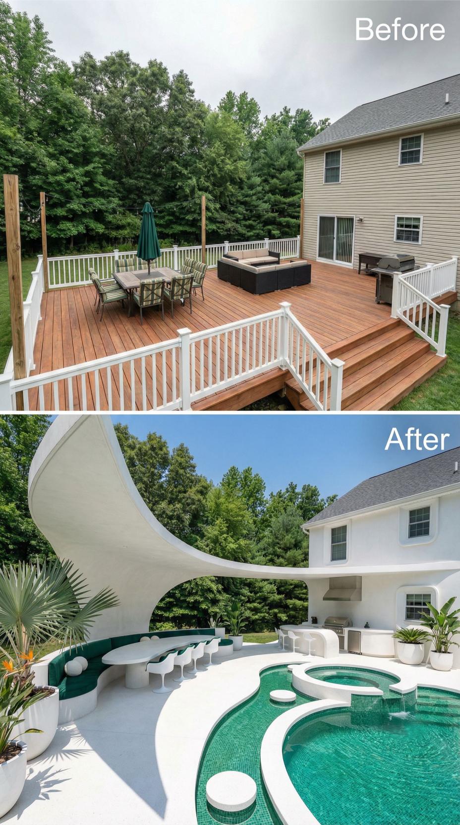 Emerald Pool with White Cantilever Shade Sail Replacing Wood Deck