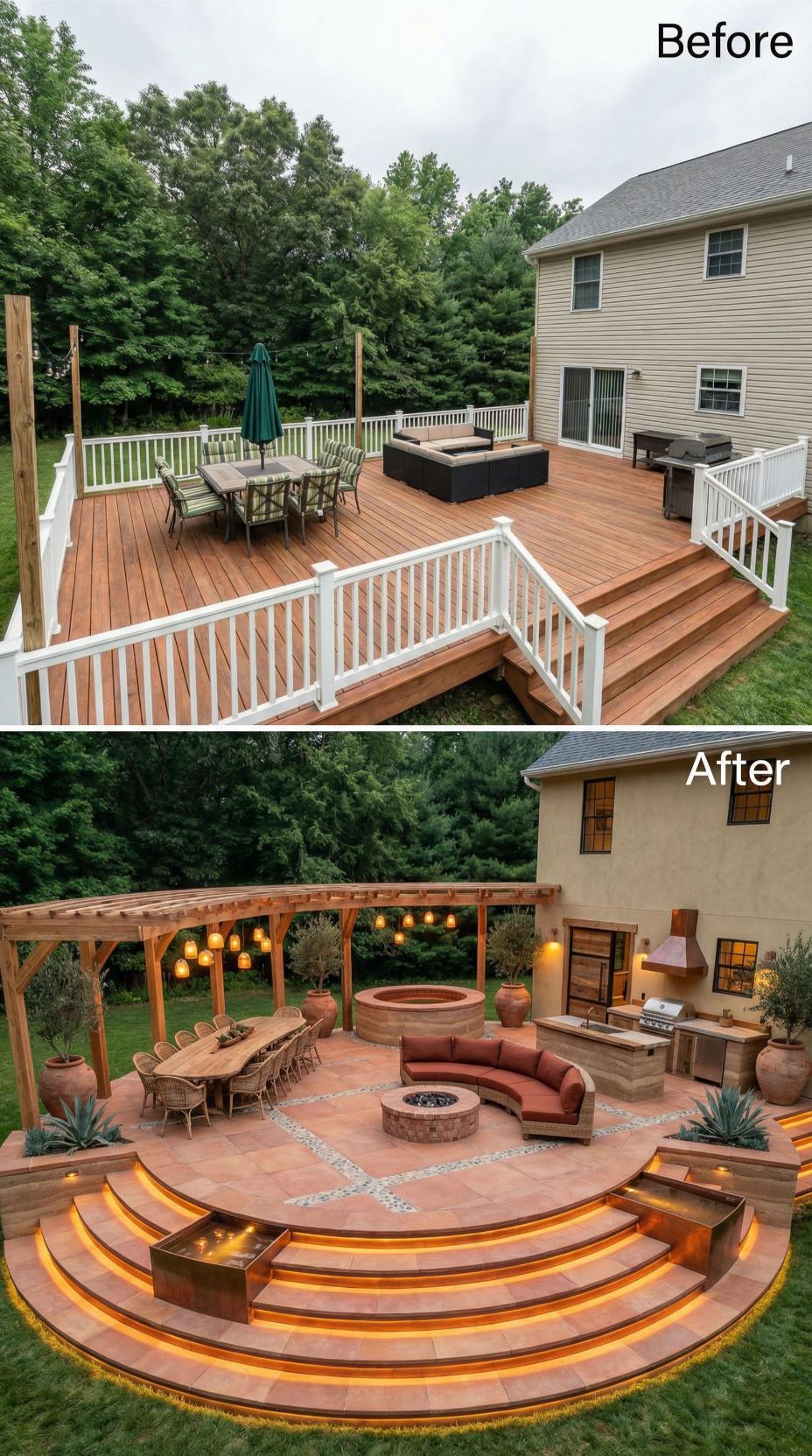 Southwestern Courtyard with Curved Fire Pit and Pergola-Covered Dining