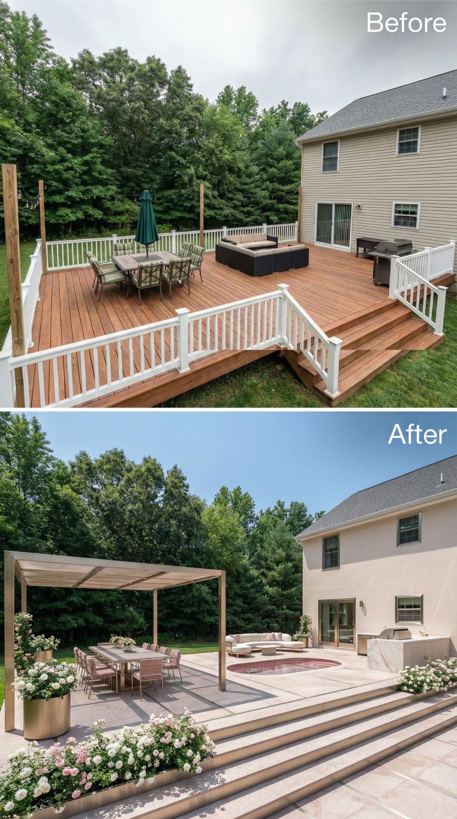 Concrete Steps and Bronze Pergola Frame Sunken Lounge Patio