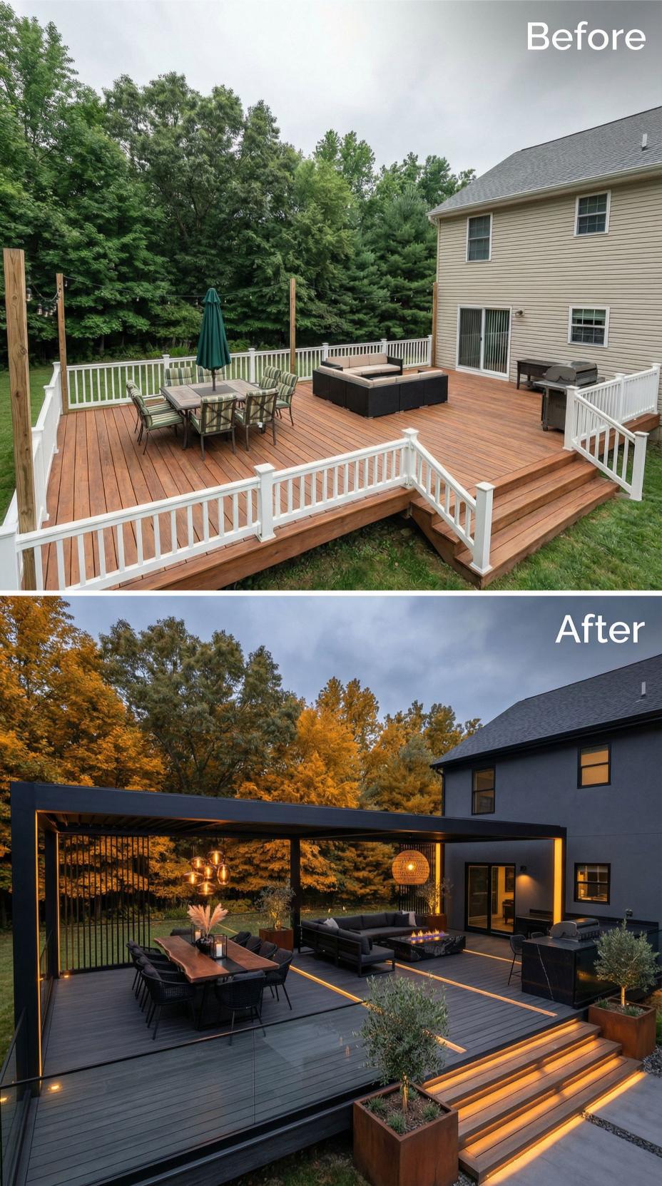 Black Composite Deck with LED Strip Lighting and Horizontal Cable Rails