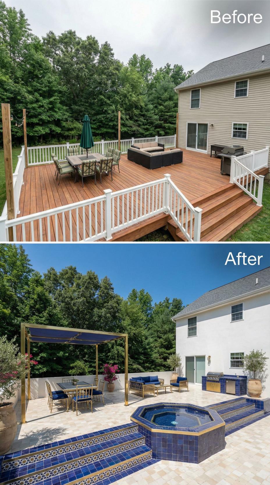 Blue Moroccan Tile Hot Tub with Gold Brass Pergola and Built-In Grill Station