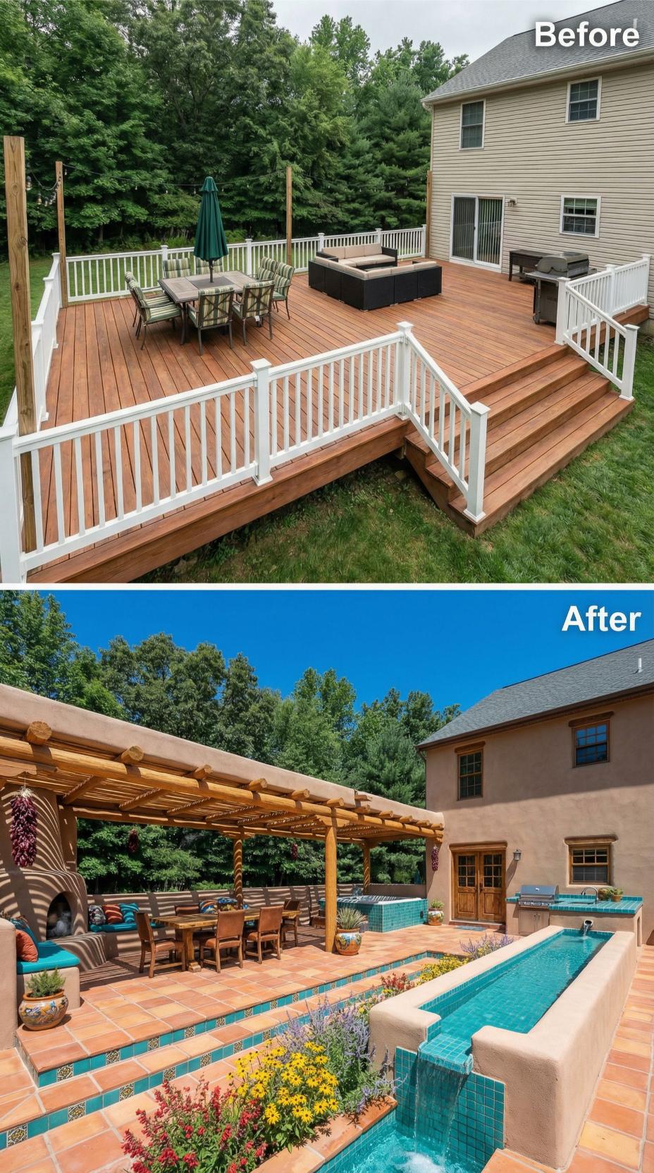 Turquoise Tiled Water Features with Southwestern Pergola Over Terracotta Pavers