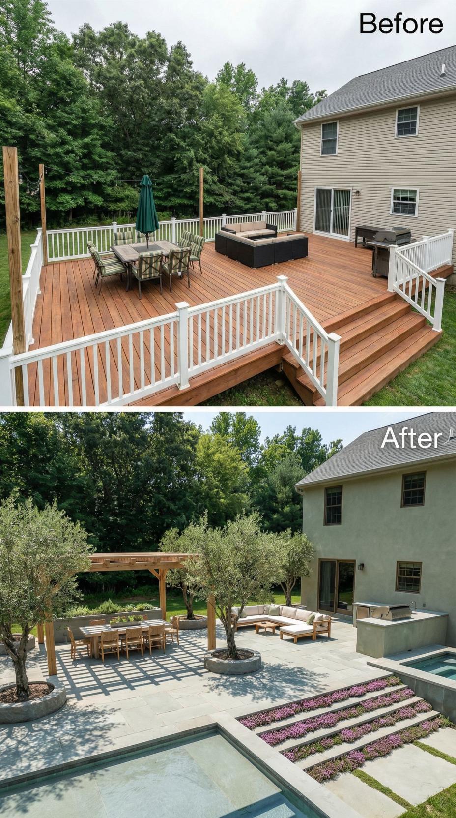 Mediterranean Courtyard with Olive Trees and Ribbon Plantings Over Pool Deck