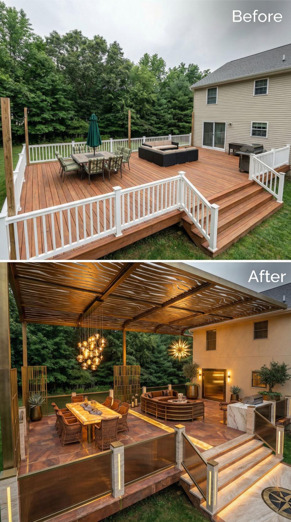Walnut Louvered Canopy and Backlit Furniture Replace Basic Deck